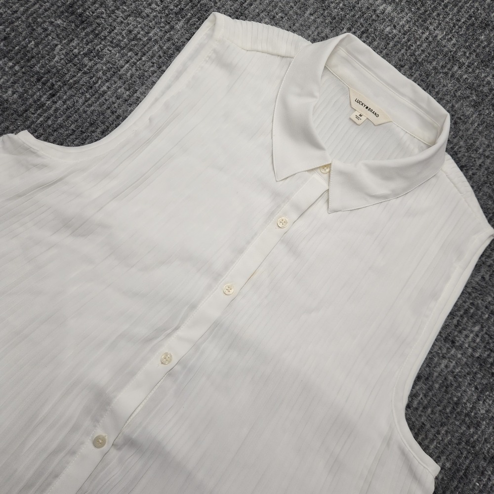 Lucky Brand Shirt Womens M White Pleated Chiffon Sleeveless Button Up Summer